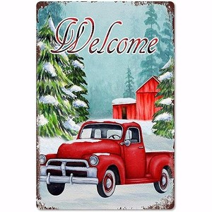 Lomsoe Welcome Sign Red Truck Winter Scene Christmas Decorations Rustic Aluminum Wall Art Christmas Metal Tin Sign 8x12in - 1 of 1
