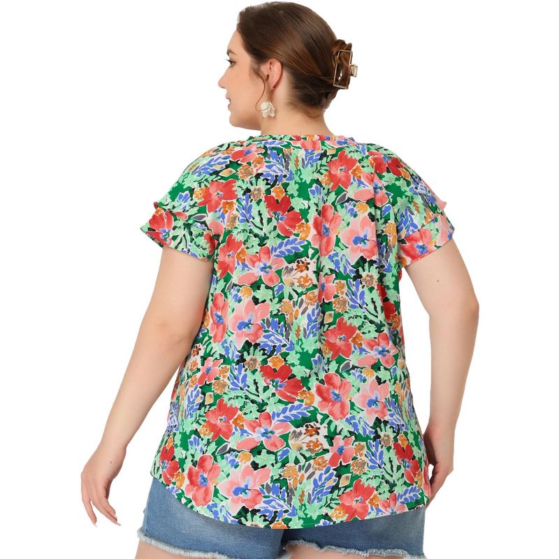 Agnes Orinda Women's Plus Size Floral Ruffle Trim V Neck Button Layered Sleeve Blouses, 5 of 7