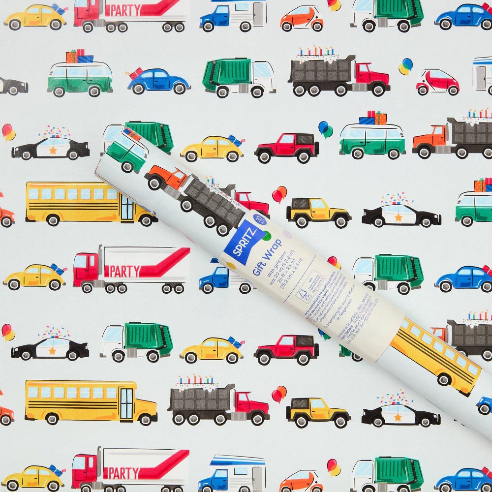 Vehicles Gift Wrapping Paper - Spritz™: Multicolor Sports Theme, Birthday Car Pattern, Boys Gift Wrap, 96" x 30"