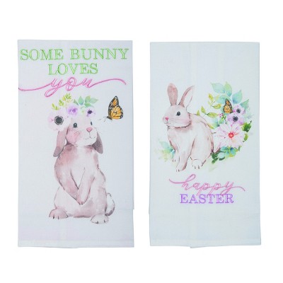 Transpac Embroidered Cotton Spring Bunny Tea Towel Multicolored Design for Easter Kitchen Decor and Gift Giving