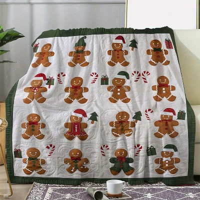 Soft Flannel Vintage Christmas Gingerbread Man Throw Blanket - Multipurpose Warm All-Season Cozy Throw with Holiday Floral Print.