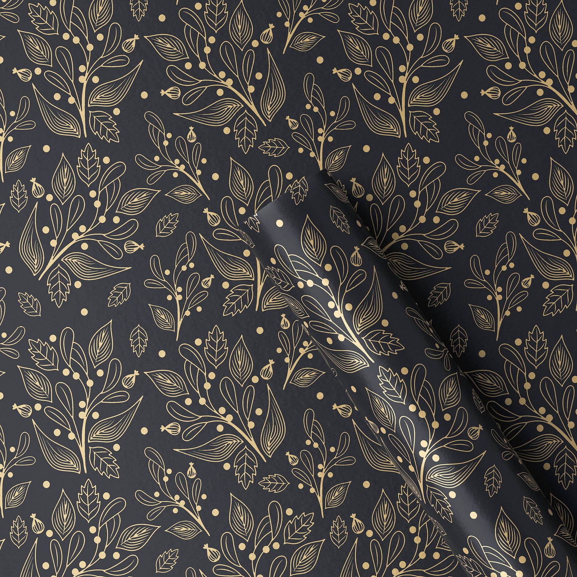 30” 25 sq ft Christmas Roll Wrap Gold Botanical on Black - Wondershop™