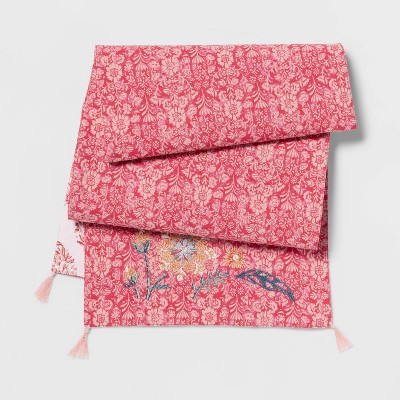 Photo 1 of 72 x 14 Cotton Printed Embroidered Reversible Table Runner Pink - Threshold