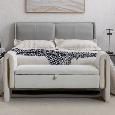 Velvet Fabric Storage Bench Bedroom Bench With Gold Metal Trim Strip
