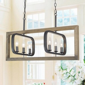LNC Timeless 6-Lights 31" Farmhouse/Rustic Large Linear Chandelier, Black and Gray Wood Tone - 1 of 4