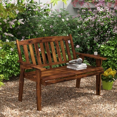 VYNXARIA Outsunny Wood Outdoor Bench - 2-Person Garden Bench with Cupholder Armrests