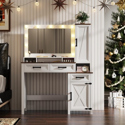 Sevobal Vanity Tables with Square Mirror, Farmhouse Vanity with 2 Drawers, Multi-functional Side Cabinet & Open Storage Space, White
