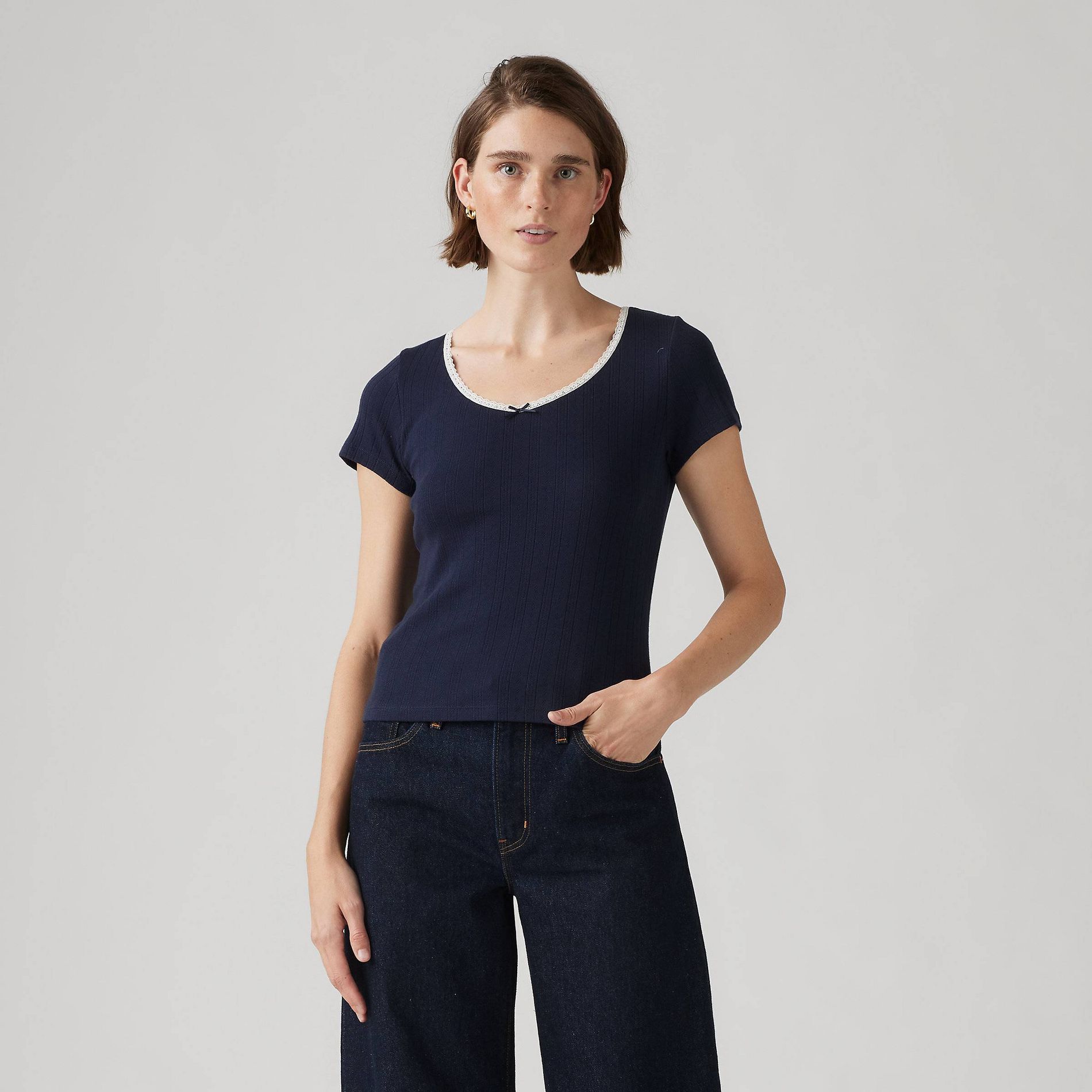 Levi's® Women's Sweetie Pointelle Top - Navy Blazer XXL: 100% Cotton, Lightweight V Neck Pullover, Short Sleeve, At Hip Length