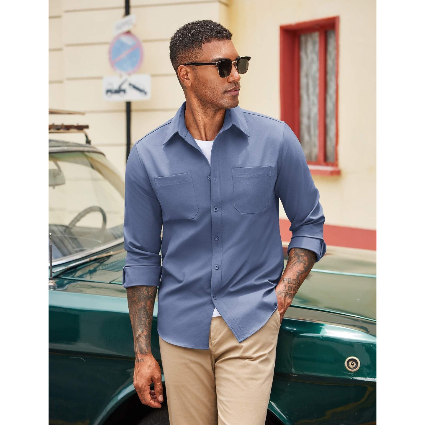 Мужская рубашка COOFANDY Men' s Everyday DenimLook Shirt Long Sleeve Work Pockets Blue, цвет: Синий — фото 3
