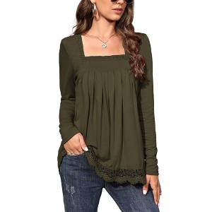Long Sleeve Tunic Tops for Women Plus Size Square Neck T Shirt Solid Color Fall Lace Blouse - 1 of 4