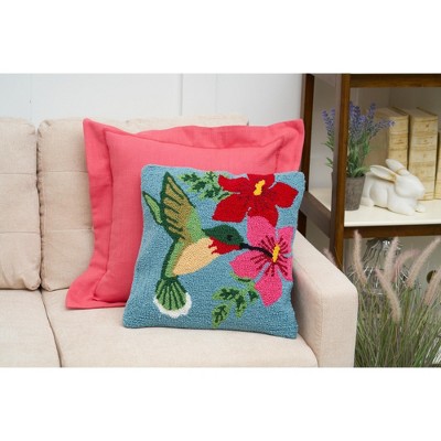 16" Blue and Red Floral Hummingbird Hooked Pillow