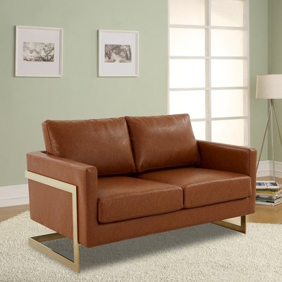 Cognac Tan Faux Leather Loveseat with Gold Metal Legs