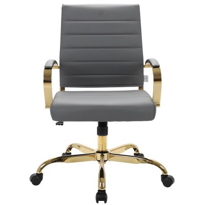 ErgoSwivel Mid-Century Gray Leather Office Chair with Gold Metal Frame