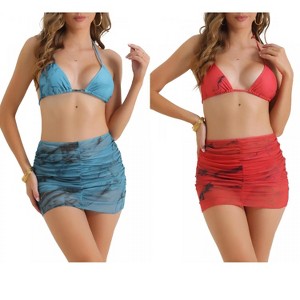 INSPIRE CHIC Women's Tie Dye Halter Tie Back Triangle Bottom Cover Up Skirt Swimwear Bikini 2 Sets - 1 of 4