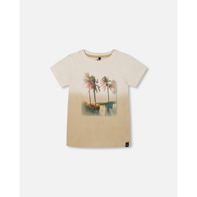 Deux par Deux Boy Short Sleeve Organic Cotton Graphic Tee Gradient White and Beige - 3 Years