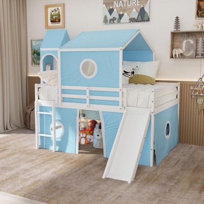JUJABU Full Size Loft Bed with Slide Pink Tent and Tower