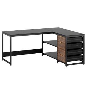 Vynxaria 59” L-Shaped Computer Desk, Reversible Design, 4 Drawers and 2 Tier Shelves, E1 Particle Board/Metal Frame, Industrial Style - 1 of 4