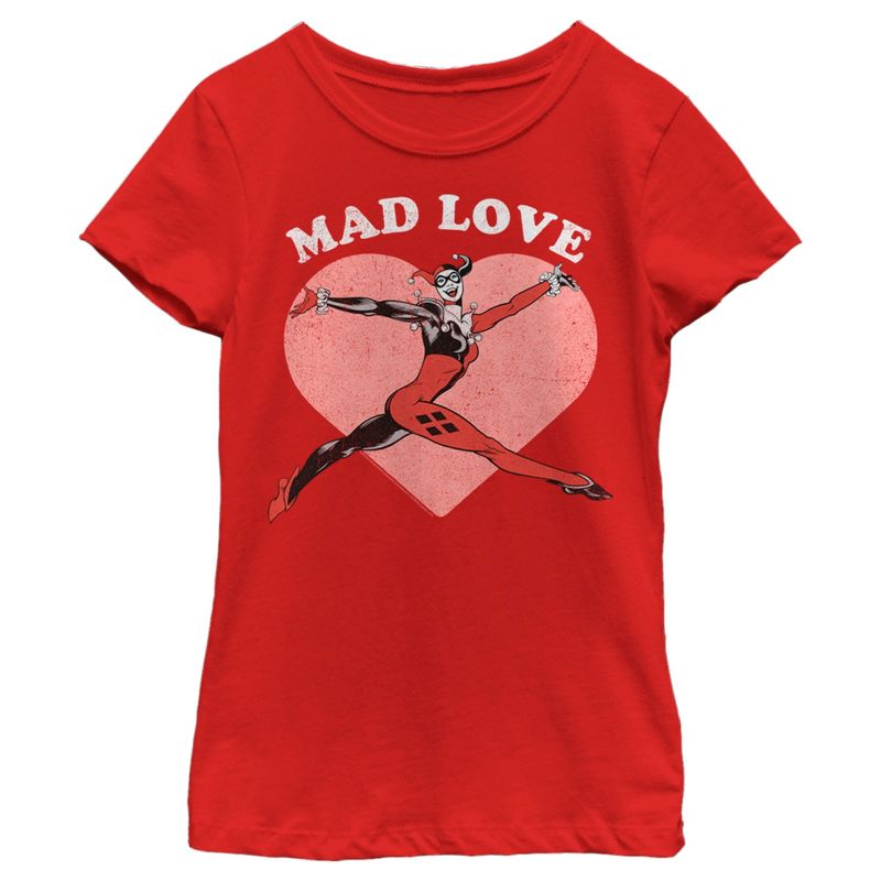 Girl's Batman Valentine's Day Harley Quinn Mad Love T-Shirt, 1 of 6