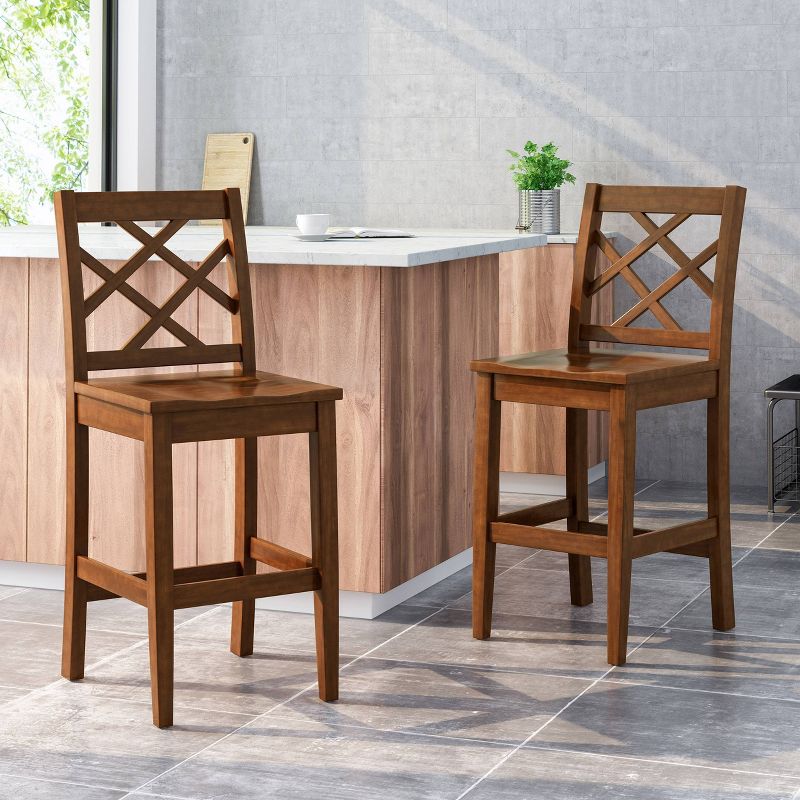 Set of 2 26.25&#34; Naples Acacia Wood Counter Height Barstool Brown Mahogany - Christopher Knight Home, 1 of 6