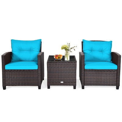 Turquoise Cushioned 3-Piece Brown Rattan Conversation Set