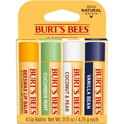 Burt's Bees Beeswax + Cucumber Mint + Coconut & Pear + Vanilla Bean Lip  Balm - 4pk/0.6oz : Target