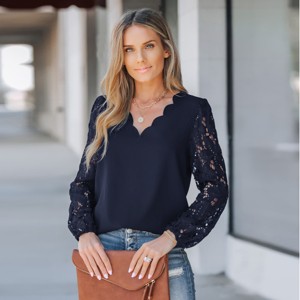 Women's Floral Lace Scalloped V Neck Top -Cupshe - 1 of 4
