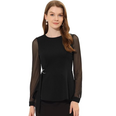 Allegra K Women's Peplum Blouse Mesh Sheer Long Sleeve Round Neck Belted  Work Top Black Small