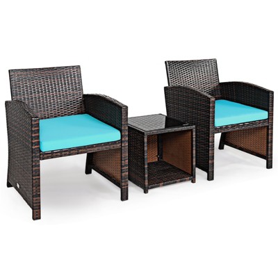Tangkula 3 PCS Patio Rattan Furniture Set Conversation Chair Set with Soft Cushion & Coffee Table for Backyard Poolside Garden