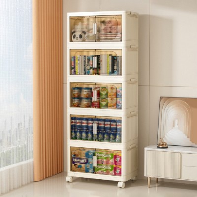 LunaLulinlk 5-Shelf Side-Wide Folding Storage Cabinet with Magnetic Door and Wheels