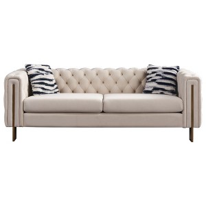 84.25" Velvet Chesterfield Sofa with Tufted Back, Gold Metal Legs and Black & White Striped Pillows - 1 of 4