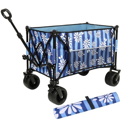 YONWAY Folding Beach Wagon Cart,480lbs Large Capacity,with All-Terrain Wheels and Side Pocket & Waterproof Picnic Mat,for Camping,Picnic,Blue