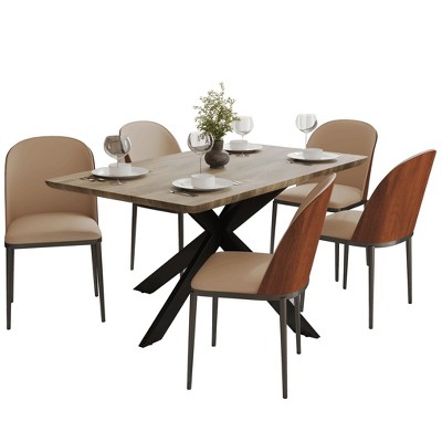 LeisureMod Ravenna 6-Piece Dining Set - 63" Rectangular MDF Wood Dining Table, 5 Leather Dining Chairs