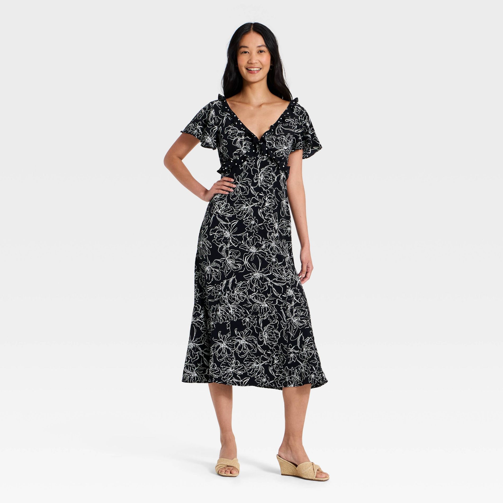 Women's Short Flutter Sleeve V-Neck Midi Dress - A New Day™