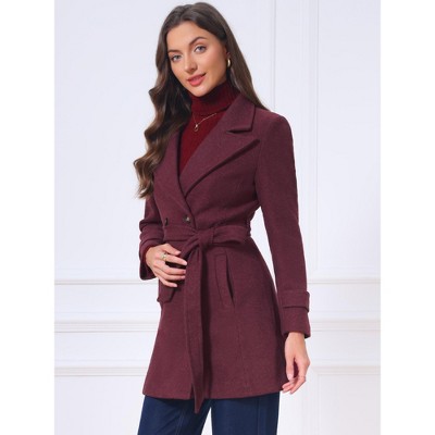 Женские куртки INSPIRE CHIC Women's Lapel Collar Long Sleeves Double-Breasted Elegant Office Work Pea Coats with Belt Small Burgundy — фото 4