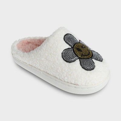 Kensie Slippers for Kids Smiley Face Slipper Shoes for Girls - Fuzzy Cute Slipper with Rhinestones for Little Kid/Big Kid