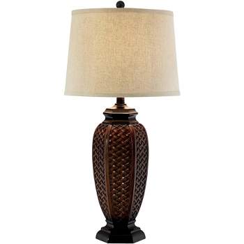 Regency Hill Tropical Table Lamp 29" Tall Woven Wicker Pattern Beige Linen Drum Shade for Living Room Family Bedroom Bedside Nightstand