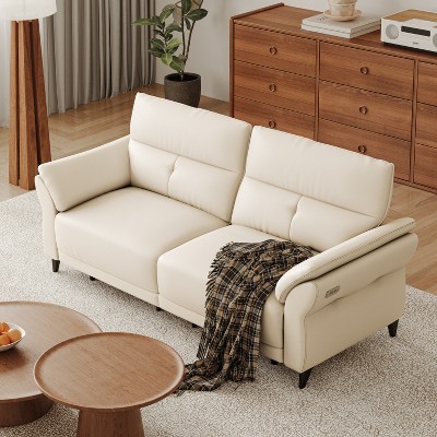 ATJafurn Full Grain Leather Power Reclining Sofa with Dual Motor, White Modern Recliner Sectional Couch with Console and USB Ports for Living Room