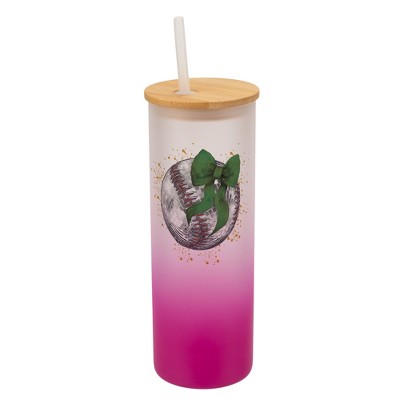 Elanze Designs 25 Ounce Frosted Glass Gradient Travel Tumbler With Straw and Wooden Lid, Baseball With Green Bow Pink