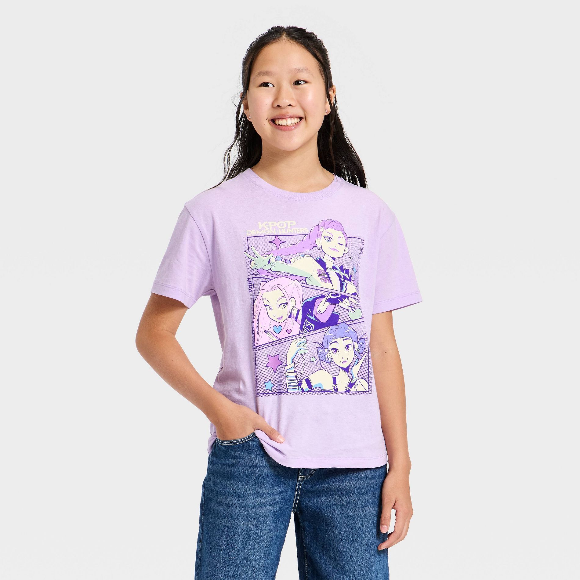 Girls' K-Pop Demon Hunters Short Sleeve Oversized Graphic T-Shirt - Lavender