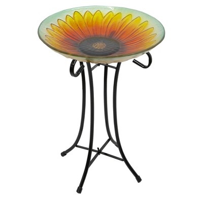 20.5" Sunflower Glass Bird Bath with Black Metal Stand