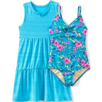 Lands' End Kids Slim Chlorine Resistant Twist Front One Piece Swimsuit UPF Dress Coverup Set