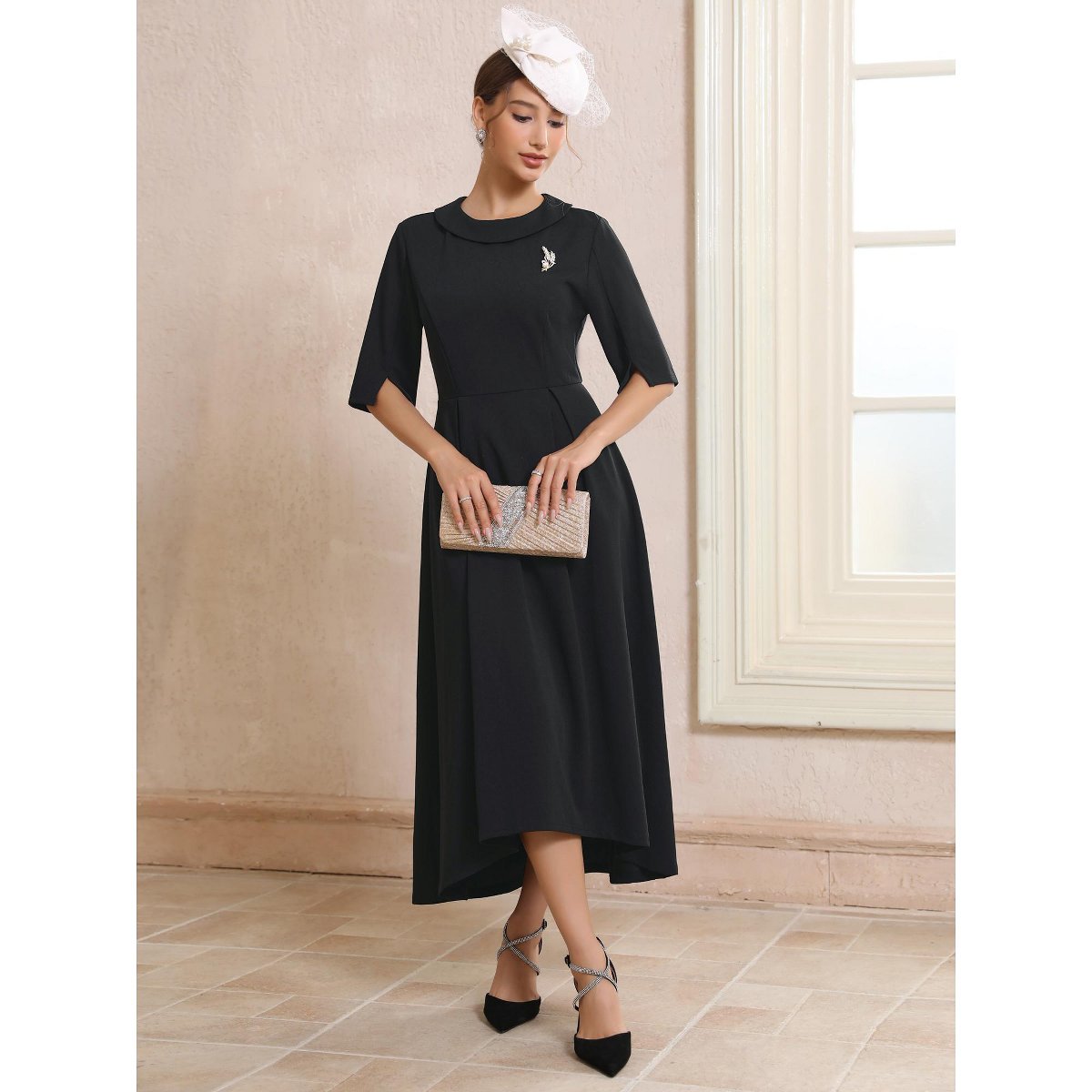 Женские платья INSPIRE CHIC Women's Vintage Collared Half Sleeve Church Evening Formal A-Line Dresses X-Large Black — фото 3