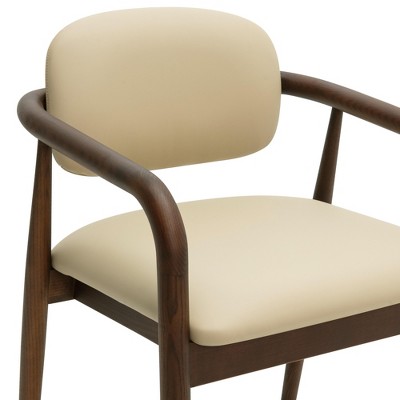 Beige Faux Leather Upholstered Arm Chair with Walnut Wood Frame