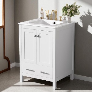24" Bathroom Vanity with Integrated Ceramic Sink, Solid Wood Frame, 2 Doors, 1 Drawer, Double-Layer Door Shelves, Soft Close - 1 of 4