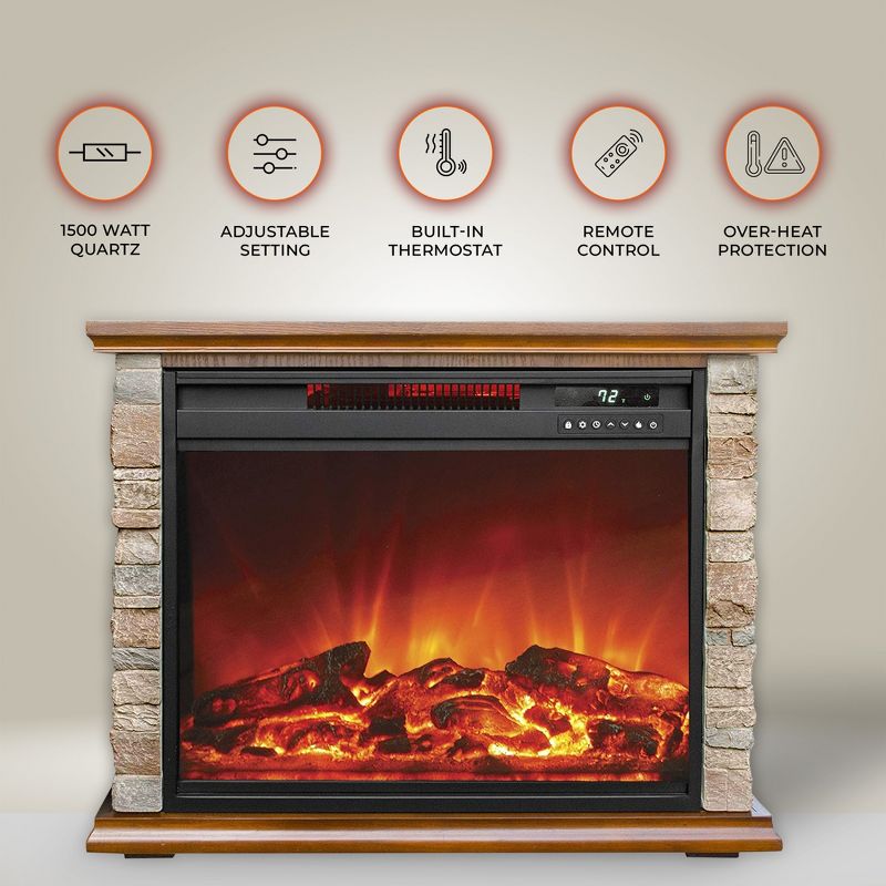 LifeSmart 1500 Watt Portable Electric Infrared Quartz Faux Stone & Oak Wood Fireplace Heater with Remote - Brown, 2 of 7