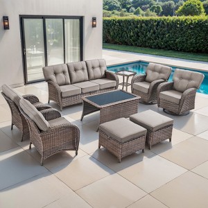 Belord Brown Wicker 9 Piece Patio Furniture Set with 5" Thick Cushions, Outdoor Patio Furniture Set with Swivel Gliding Rocker Chairs and Club Chairs - 1 of 4