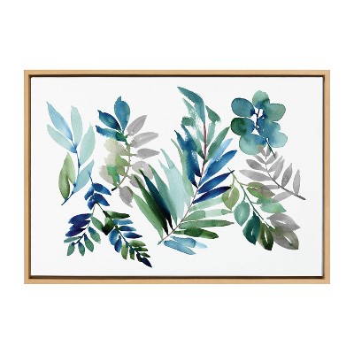 23" x 33" Sylvie Tropic Leaves Blue by Sara Berrenson Framed Wall Canvas Natural - Kate & Laurel All Things Decor