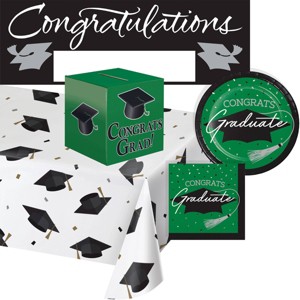 Creative Converting Graduate School Spirit Emerald Green Tableware and Decor Kit 18ct - 1 of 4