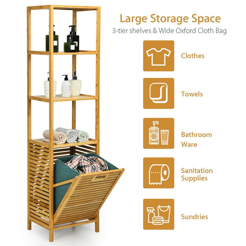 Costway Bathroom Tilt-out Laundry Hamper Bamboo Tower Hamper w/3-Tier Shelves, 5 of 11
