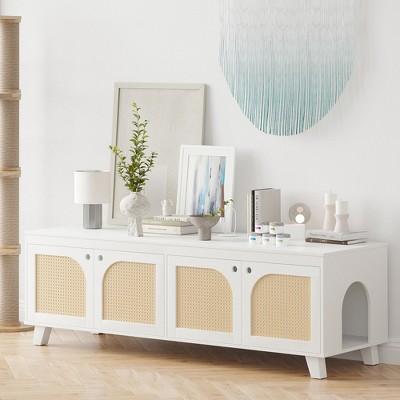 MAYEERTY 58*20" Double Hidden Cat Cabinet with Rattan Doors & Dual Entrances - Two Cats, White